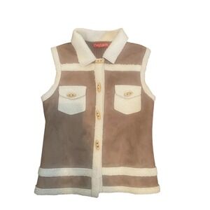 Contact New York Womens Brown Faux Suede Sherpa Trim Toggle Vest Ribbed Knit Med
